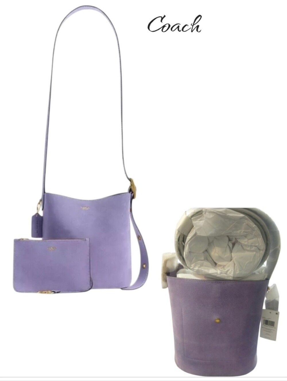 COACH Bleecker Bucket Bag 21 Violet Mist Suede Leather Crossbody Pouch NWT